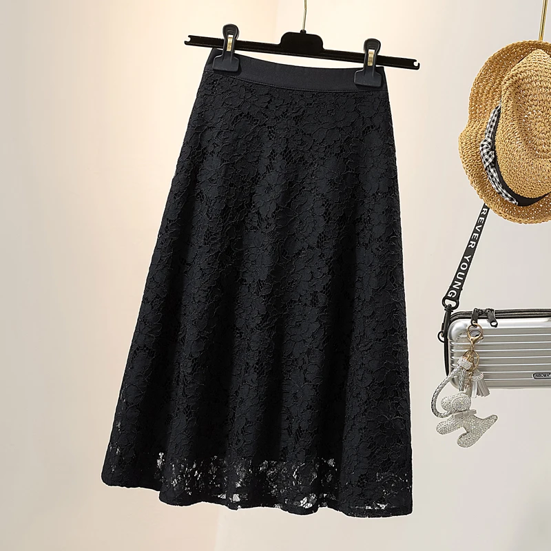 plus Size Lace Half Skirt Trendy Style for Heavy Sister MM High Waist A-Line Midi Skirt Korean Style Hollow out Design