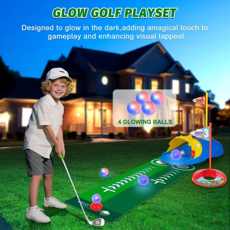 Kids Golf Set with Automatic Ball Returner,Luminous Golf Balls and Putting Mat,Mini Golf Game for Indoor Outdoor Sports Toys