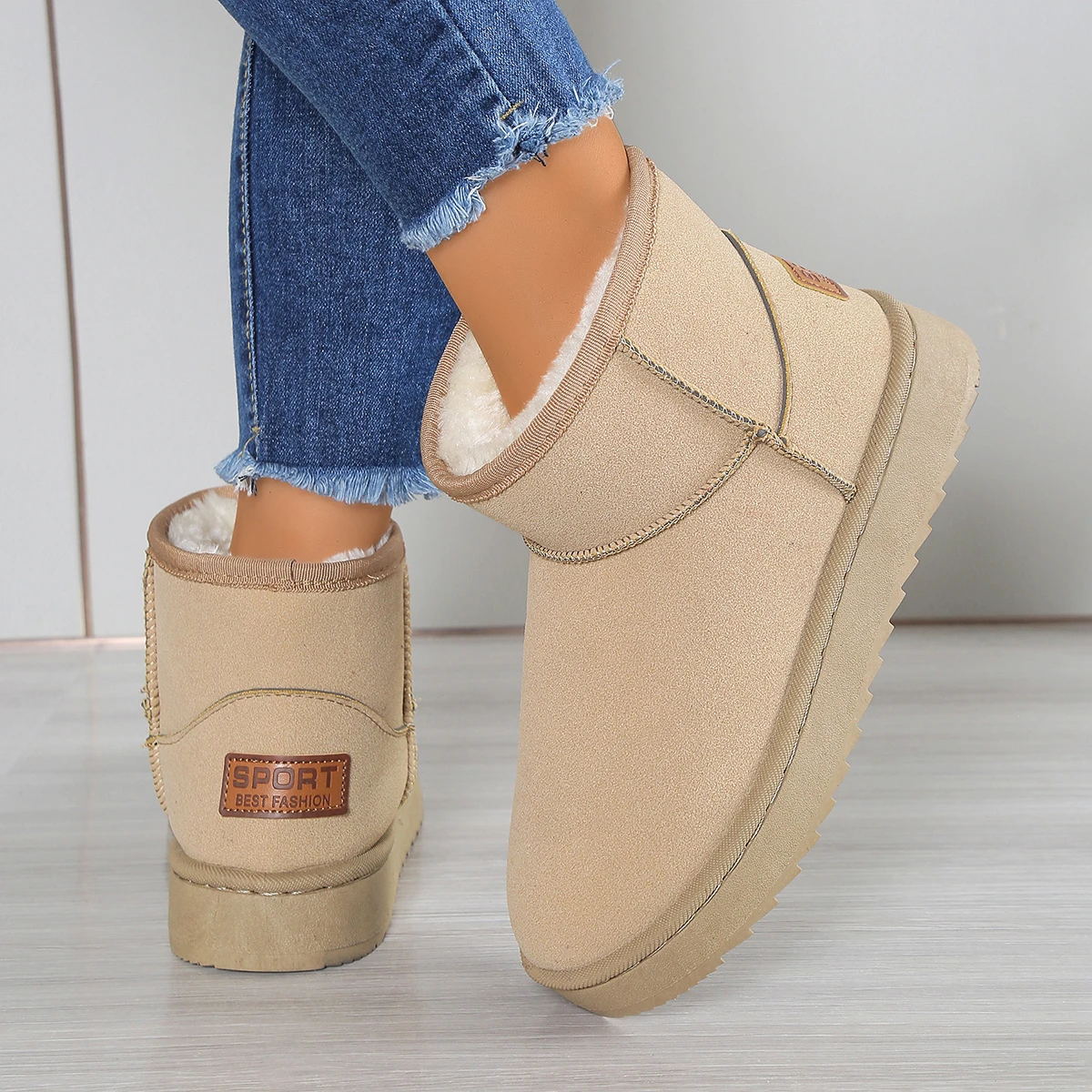 Damen-Schneestiefel im neuen Stil, dicke Sohle, mit Fleece gefüttert, kurze Stiefel, kältebeständige Stiefel, rutschfeste Winterschuhe, warme Schneeschuhe aus Baumwolle – Detail 9