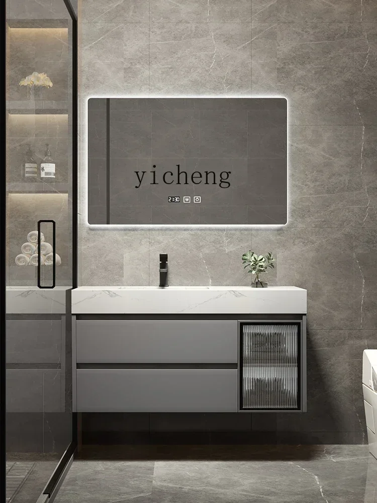 i10.10-Stone Plate Ceramic Basin Multi-Layer Solid Wood Gray Modern Minimalist Bathroom Cabinet Combination