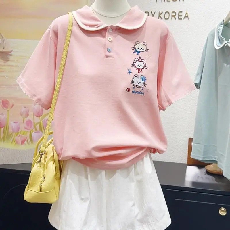 

Short-Sleeved Playful Hello Kitty Small Fresh Embroidery New Contrast Color Lapel Short-Sleeved Tops Shoulder T-Shirt Cute Ins