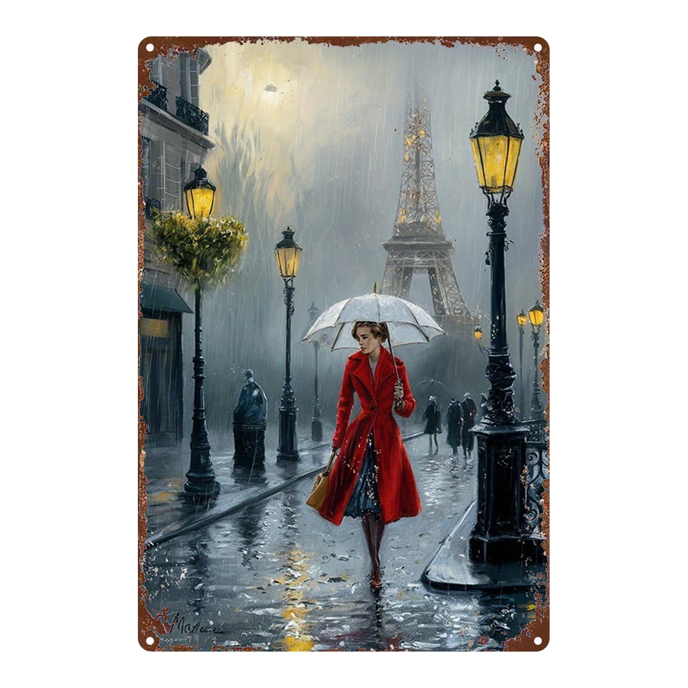 2D Flat, 1pc, Metal Sign, Paris Rainy Night Tin Sign, Woman Holding Umbrella, Eiffel Tower, Street Lamp, Vintage Decorative Sign, for decoration in bathroom, man's den, bedroom, garden, home office, kitchen