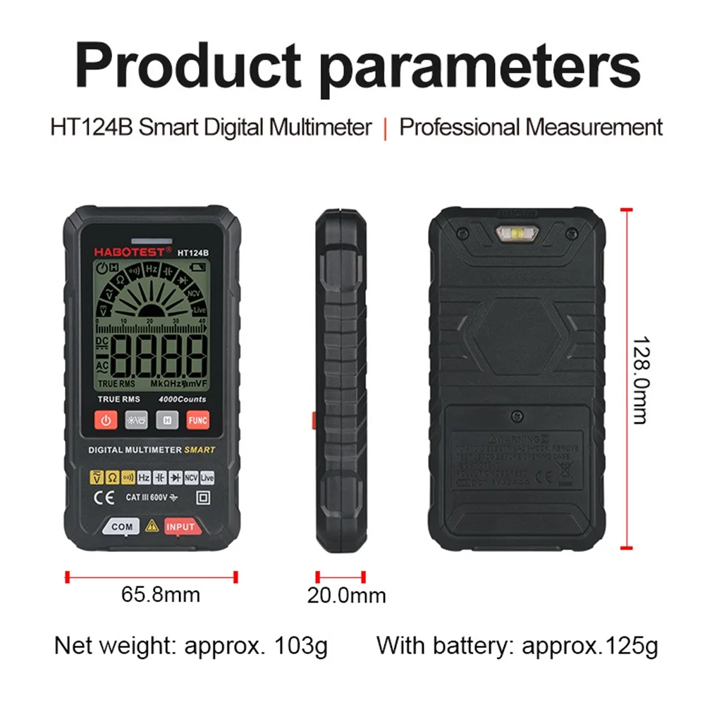 HT124B Professional Digital Smart Multimeter Capacitor Tester Voltmeter True RMS AC DC Voltage Ohm HZ Diode Continuity Meter