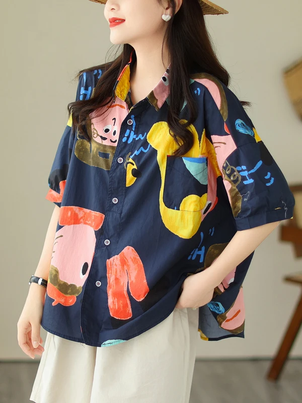 

Loose Doll irt Women's Summer 2025 New fiti Print ort Sve Collar Batwing Sve Commute Sle Casual Top