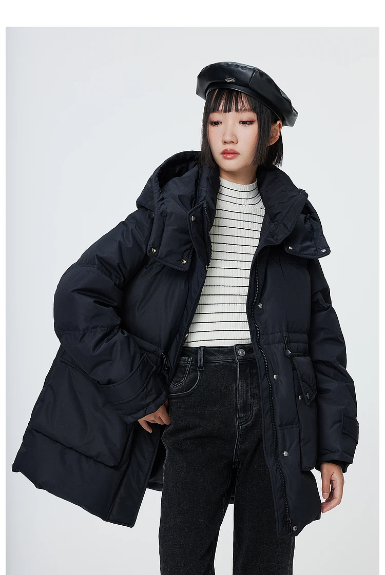 Metersbonwe Women's Oversized Long Hooded Down Jacket Adjustable Pig Nose Buckle Waist Belt Utility Duck Down Parka Warm Winter