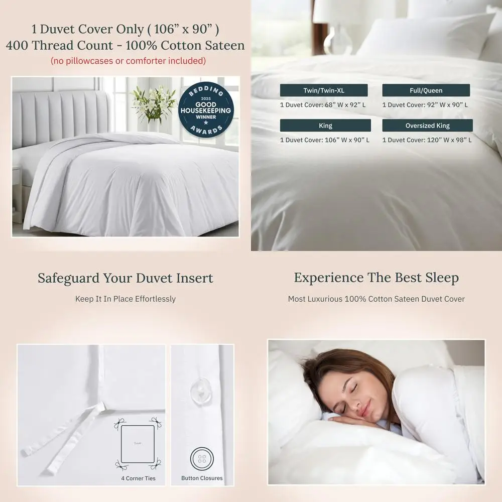 

Пододеяльник размера King Size — победитель премии Good Housekeeping Best Bedding Awards 2025, премиум-класс, сатин, 400 нитей, 100% хлопок