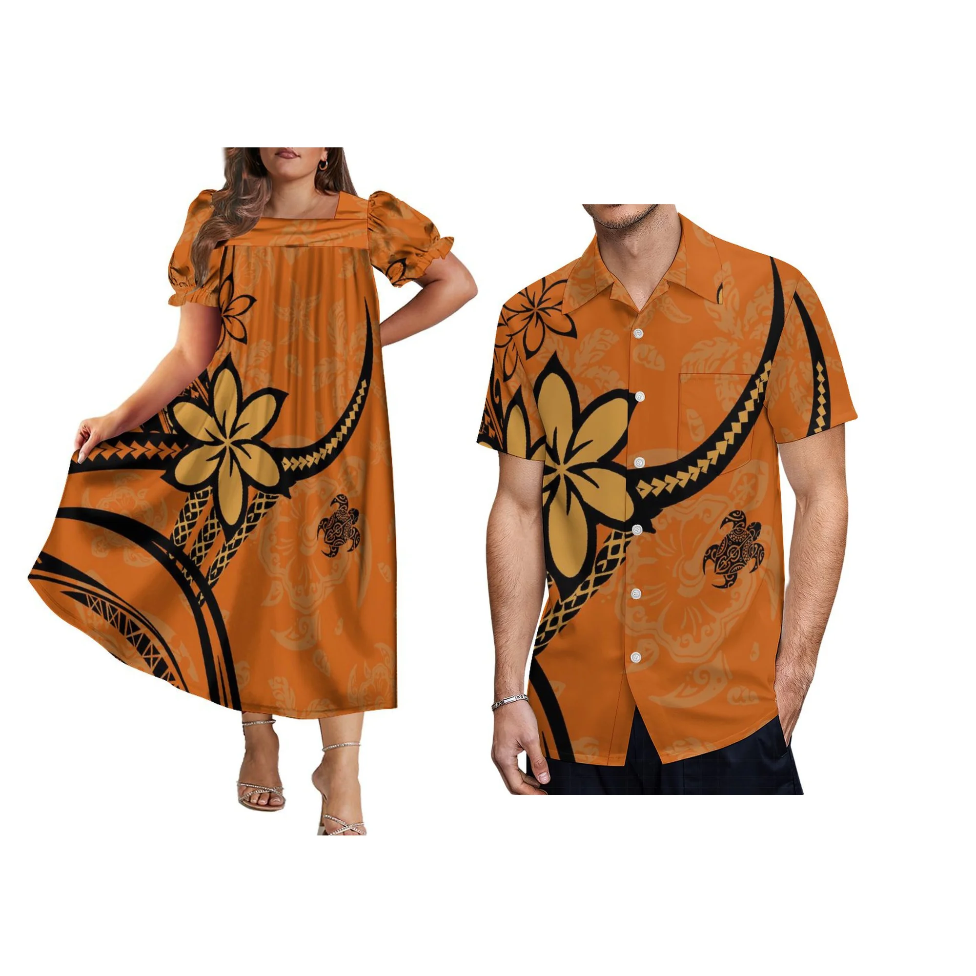عالية الجودة البولينيزية القبلية طباعة زوجين 2 قطعة مجموعة Mumu فستان بأكمام قصيرة للنساء وقميص مطابقة للرجال الأزواج