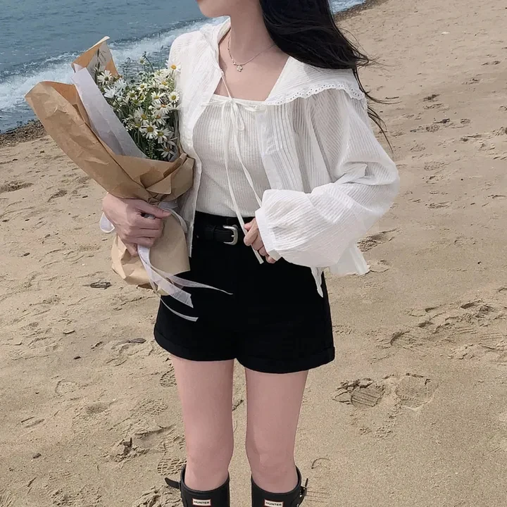 

Spring 2026 Chic Casual Sle Floral Trim Splice Hat Women's Sun Protection Outerwear Straight Tube Long Sve ort Length