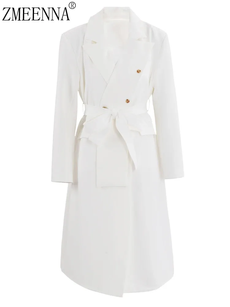 

ZMEENNA White Belted Irregular Big Size Long Trench Women New Lapel Long Sleeve Windbreaker Fashion Spring Autumn 2024 ZM35