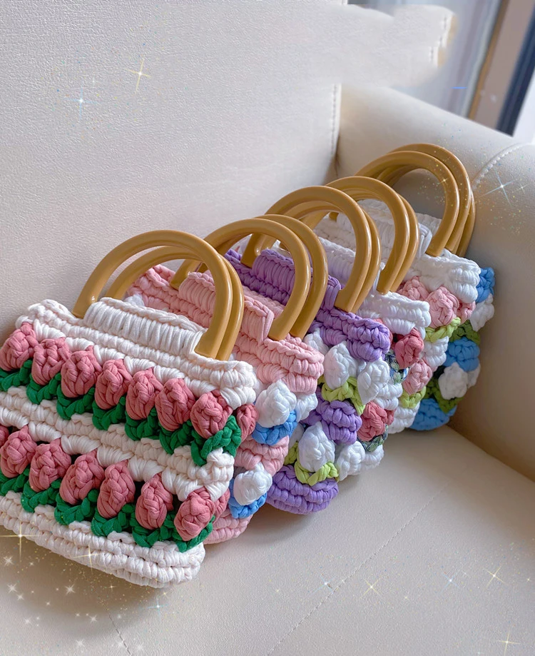 Lawaia Handmade Woven Bag Flower 1pc Finished Bags 20-16cm Hollow Out Craft Pocket Pearl Chain Colorful Bags