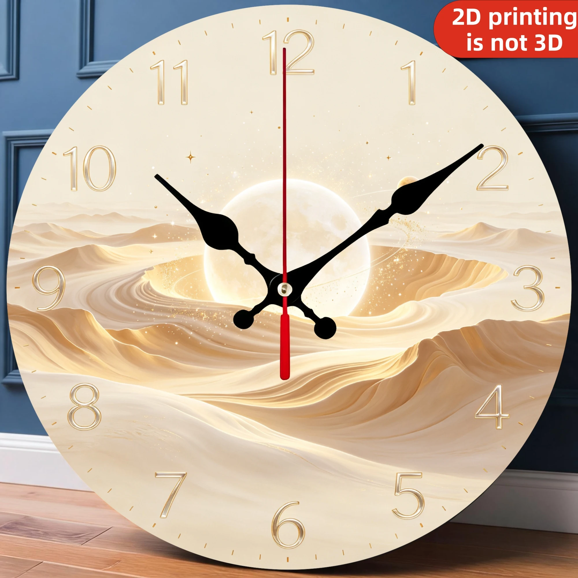 Cream Desert Sand Dunes Glowing Sun Wooden Wall Clock, 10/12 Inch Round Wood Clock, Silent Non Ticking Quartz Movement, Gold Beige Abstract Waves Printed Home Decor