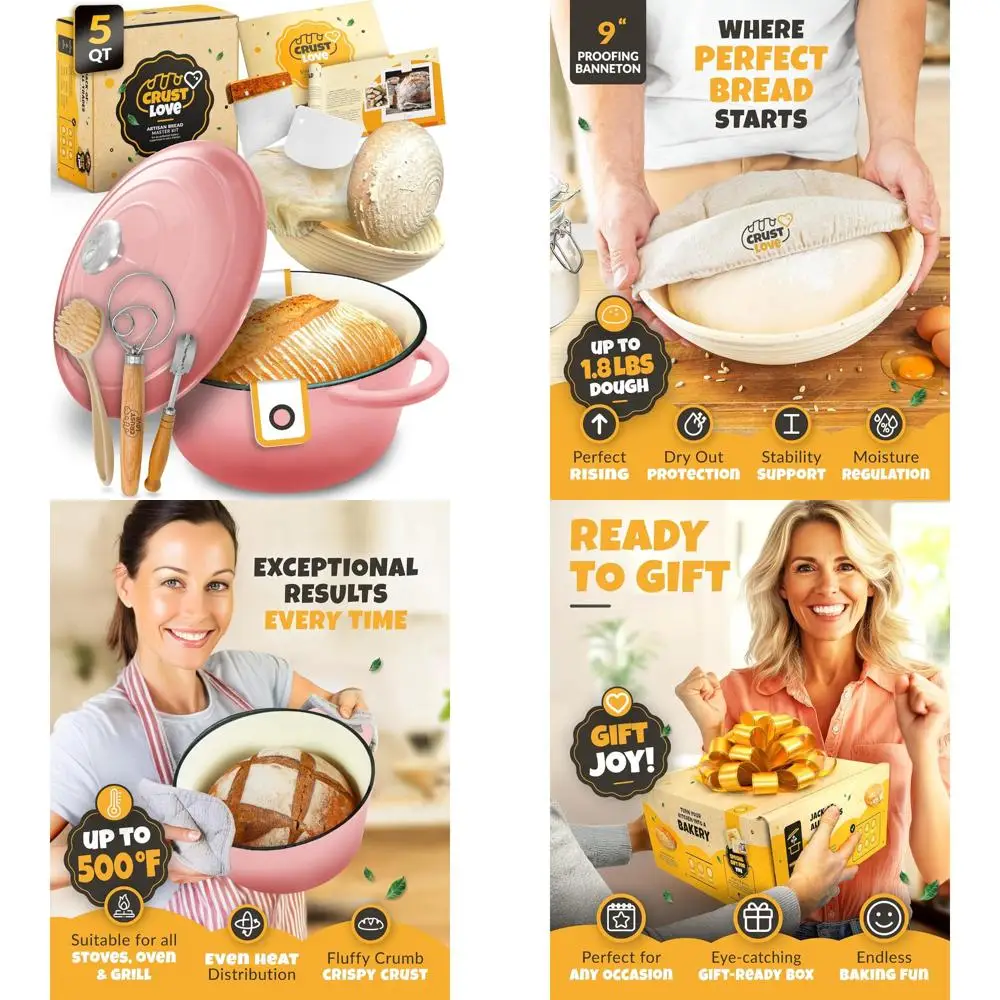 

Enameled Cast Iron Dutch Oven for Bread Baking - Perfect for Sourdough with Banneton Bread-Proofing Basket, 5 Quart Capacity