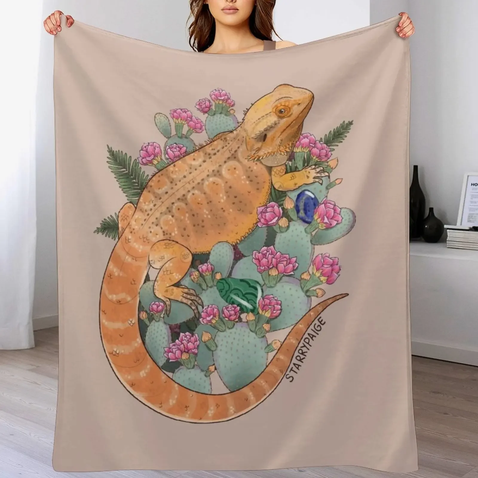 Bearded Dragon with Blooming Opuntia Cactus and Boston Ferns with Crystals Throw Blanket Sofa Custom Blankets