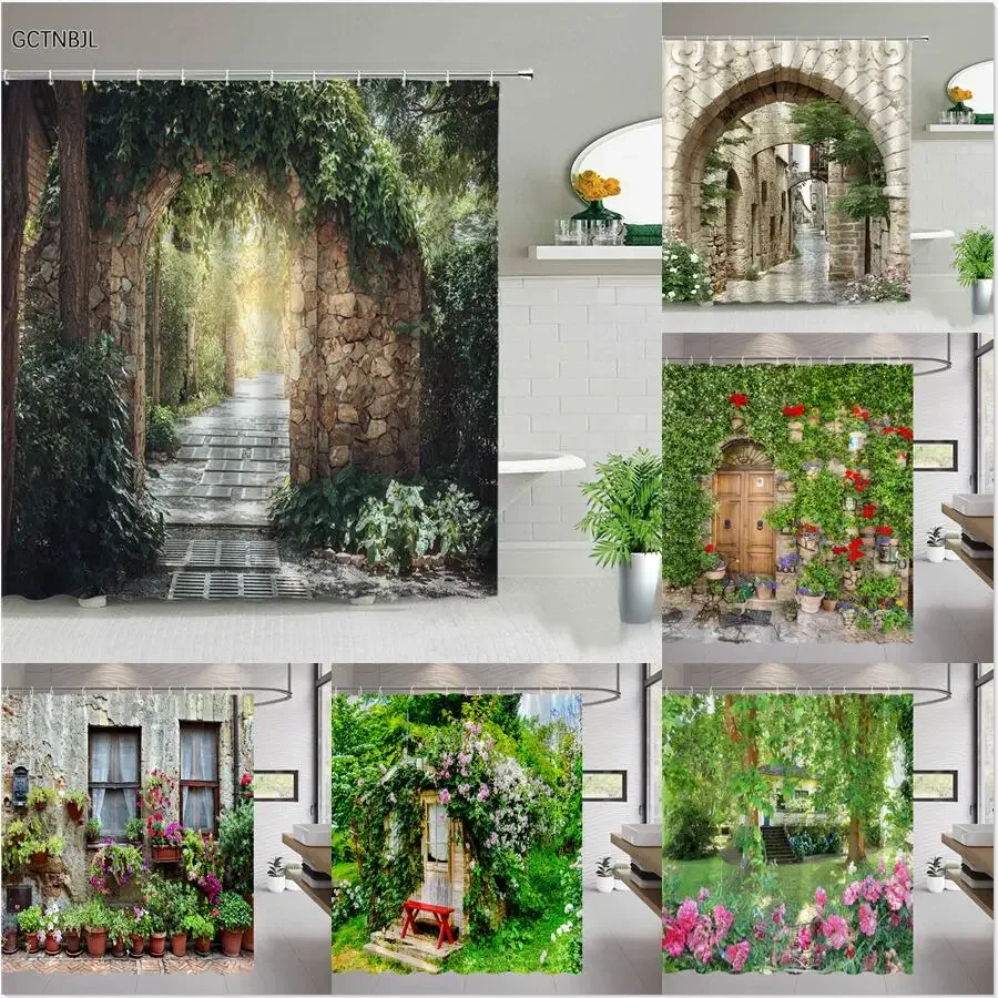 Garden Landscape Shower Curtain Europe Rural Street View Town Architecture Natural Scenery Plant Vine Flower Wall Bathroom Decor