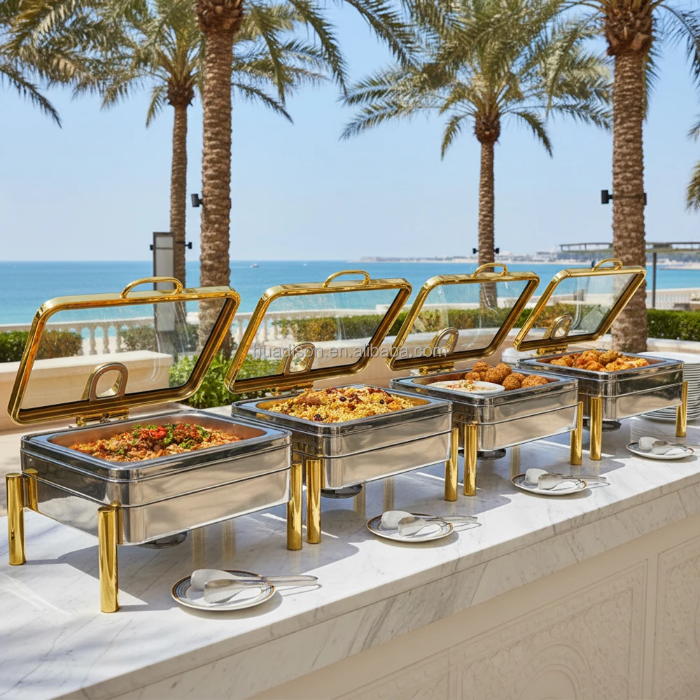 

Huadison Other Hotel Equipment Gold And Silver Buffet Stove Hydraulic Buffet Chaffing Dishes Luxury