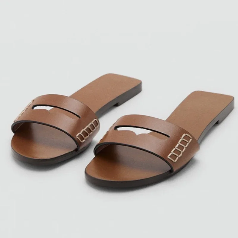 

Summer Women's Beach Sandals Retro Brown Round Toe Sewing Design Flat Slippers Comfortable Light Non Slip Casual Shoes Women