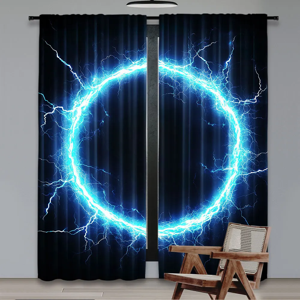 2Pcs Curtain Blue Electric Lightning Round Text Energy Effect Circle Light Spark Suitable For Living Room Bedroom Kitchen And