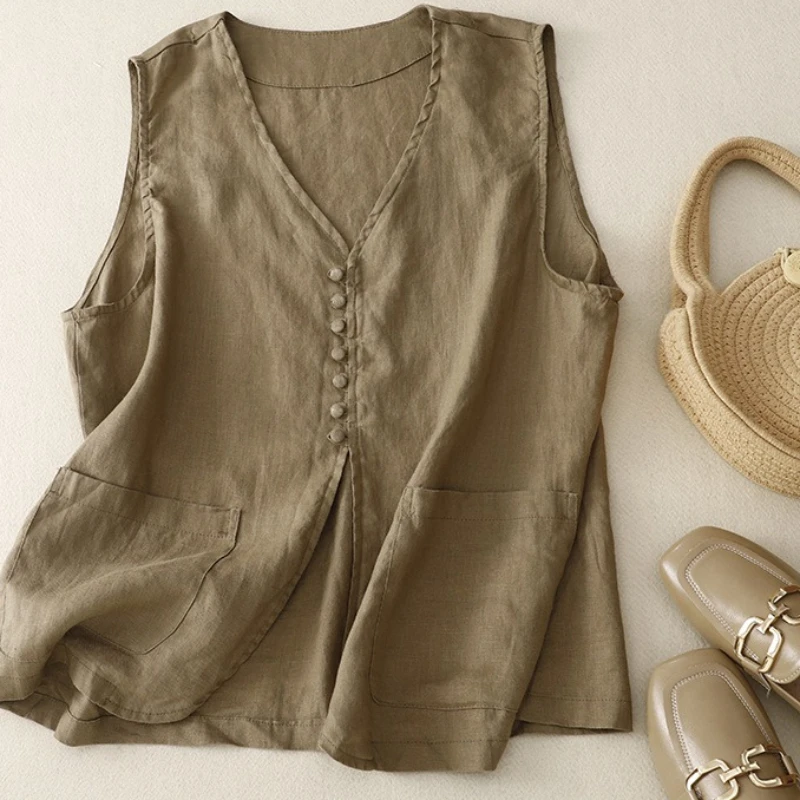 

Vests Tops Women Top V Neck Sleeveless Vest Coats Solid Casual Loose Y2k Streetwear Elegant Splice Work Coat 2026 Spring