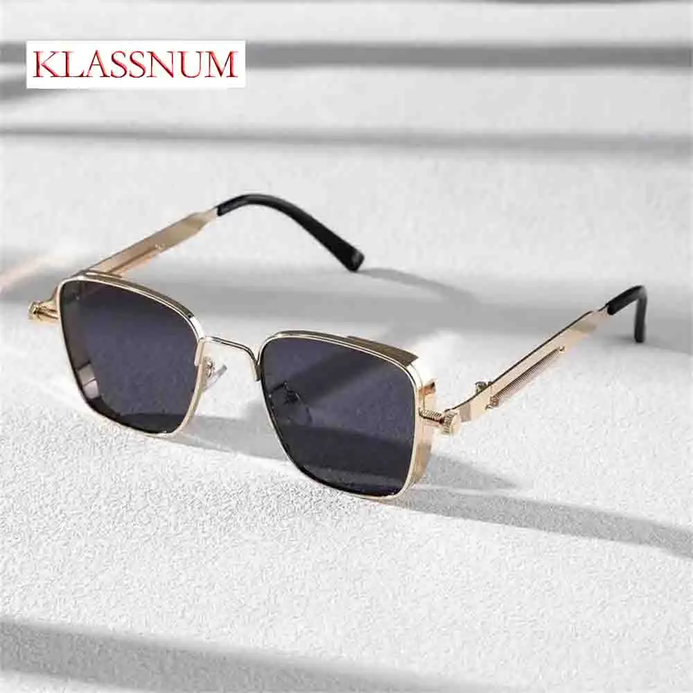 KLASSNUM Metal Frame  Steam Punk Sun Glasses Retro Rectangle Sunglasses for Women Men Vintage Travel Shades UV400 Protections