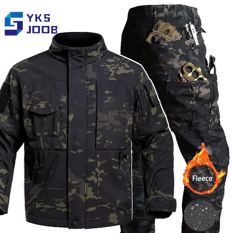 Tactical Hiking Fleece Warm Set Mens Windproof Waterproof Jackets+wear-resisting Multi-pocket Pants Sets Camping Treking Suits