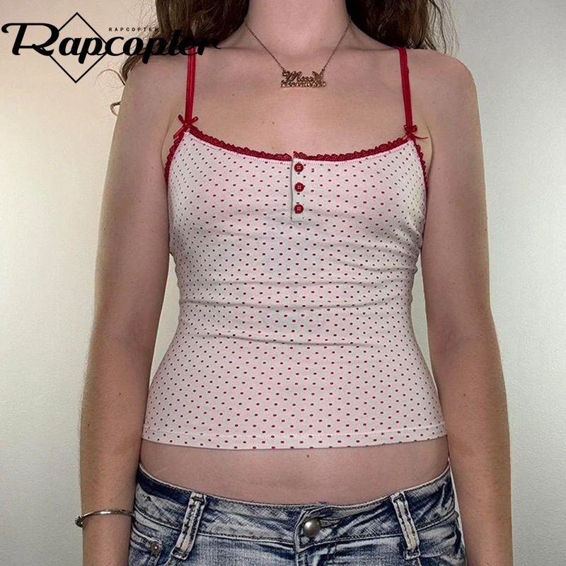 Rapcopter Dot Print Crop Top y2k Frill Button Spaghetti Strap Mini Vest Women Cute Chic Sweats Summer Grunge Aesthteic Tee New