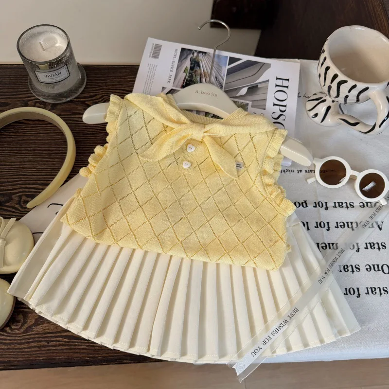 

Korean version children's clothing 2026 new summer girls' bow knit vest children's pleated skirt skirt pants two-piece set