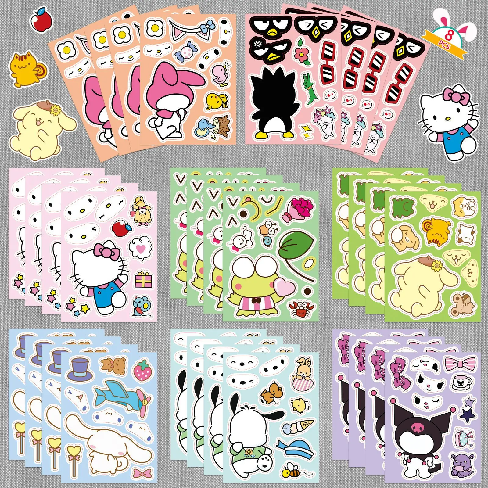 

8 Pcs/set Sanrio Make A Face Sticker Cartoon Figure Melody Kuromi DIY Puzzle Kids Toys Free Collage School Prize Creative Gifts