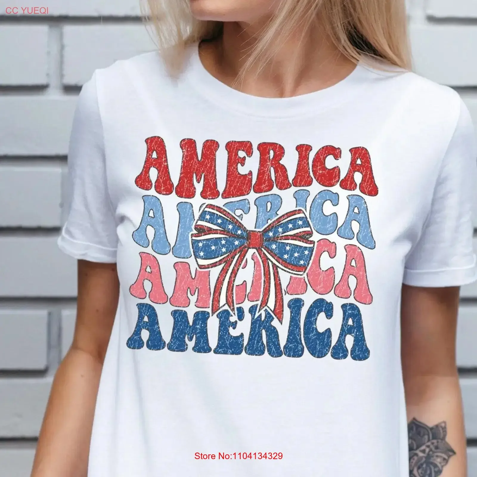 America T Shirt 4th of July SweaT Retro Red White and Blue Bow USA Pride Text Flag vintage Washed Comfortable Versatile graphic