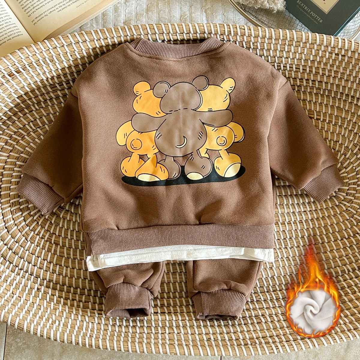 

Winter Baby Boys Sets Velvet Cotton Long Sleeve Tops+Pants Cartoon Print Baby Little Bear Children Clothing Infant Girls Clothes