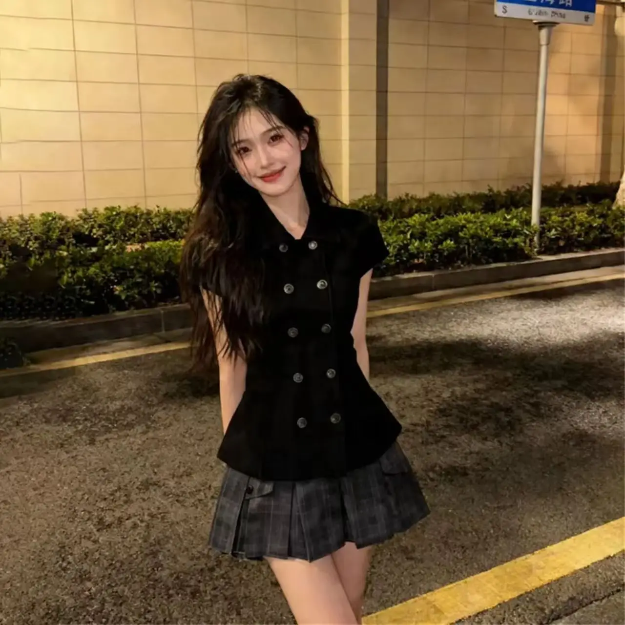 American Retro Women's Black Polo Short-Sleeved Suit Slim Fashion Button Slim College Style Shirt And Skirt Two-Piece Set