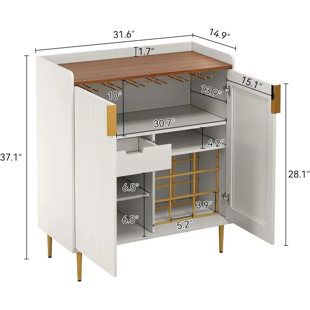 Wine Bar Cabinet with Fluted Texture, Modern Coffee Cabinet with Wine Rack&Glass Holder, White Kitchen Buffet Sideboard