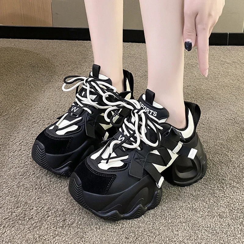 Sepatu kasual Platform wanita, SNEAKER KULIT latihan sol tebal 7CM, sepatu ayah Chunky bernafas musim gugur 2023