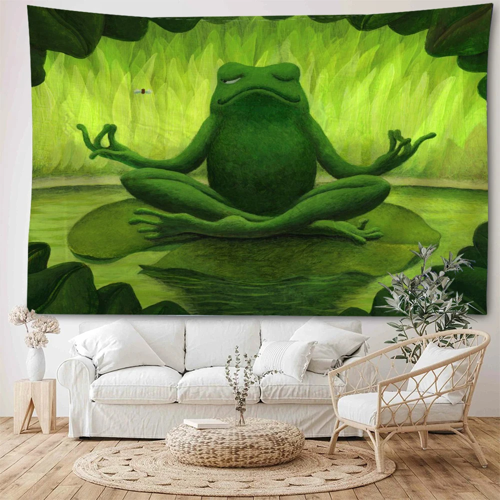 Psychedelic frog personification meditation on lotus leaves Bohemian hippie decoration tapestry home decoration