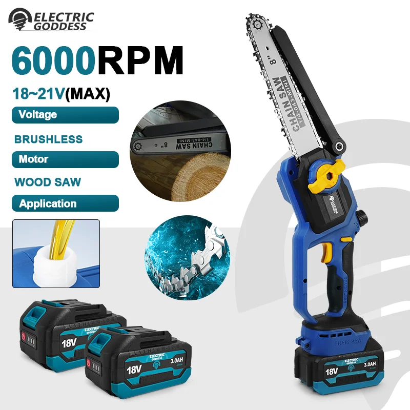 

8 Inch 6000R/MIN Brushless Electric Chain Saw One Hand Portable Woodworking Pruning Saw Gardening Tool For Makita 18V Battery