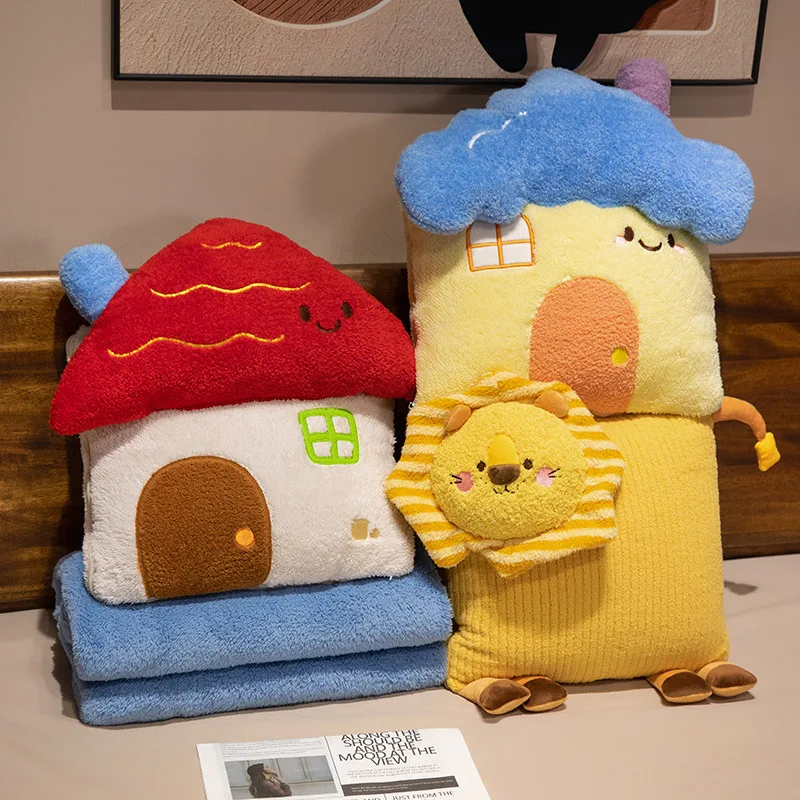 

Cute House Plush Pillow with Flannel Blanket 2-in-1 Kawaii Fantastic Cushion Nap Pillow Decor Plushie for Sofa Chair Gift