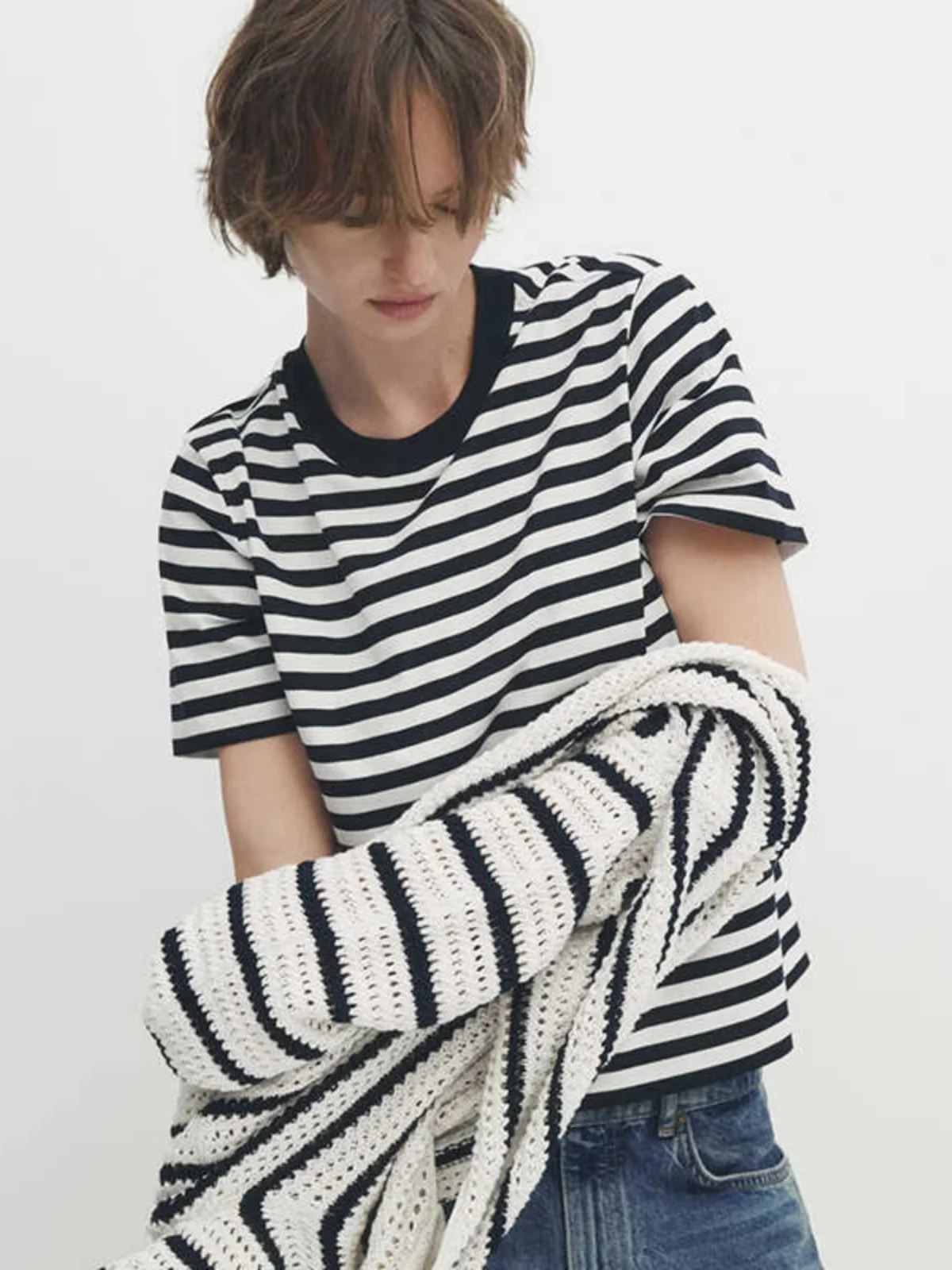 Damska koszulka casualowa z okrągłym dekoltem, w paski, z czystej bawełny, wygodna, letnia, nowość, do pracy, prosty krój.