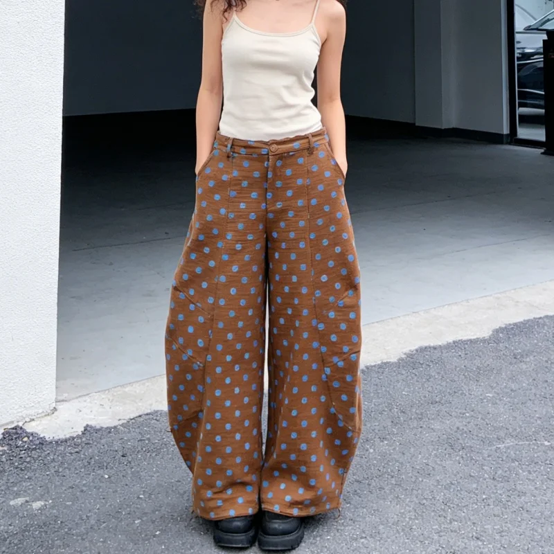 Womens Dot Print Pants Casual Loose Fit Stylish Mid Rise Wide Leg Trousers for Daily Life Vacation Party