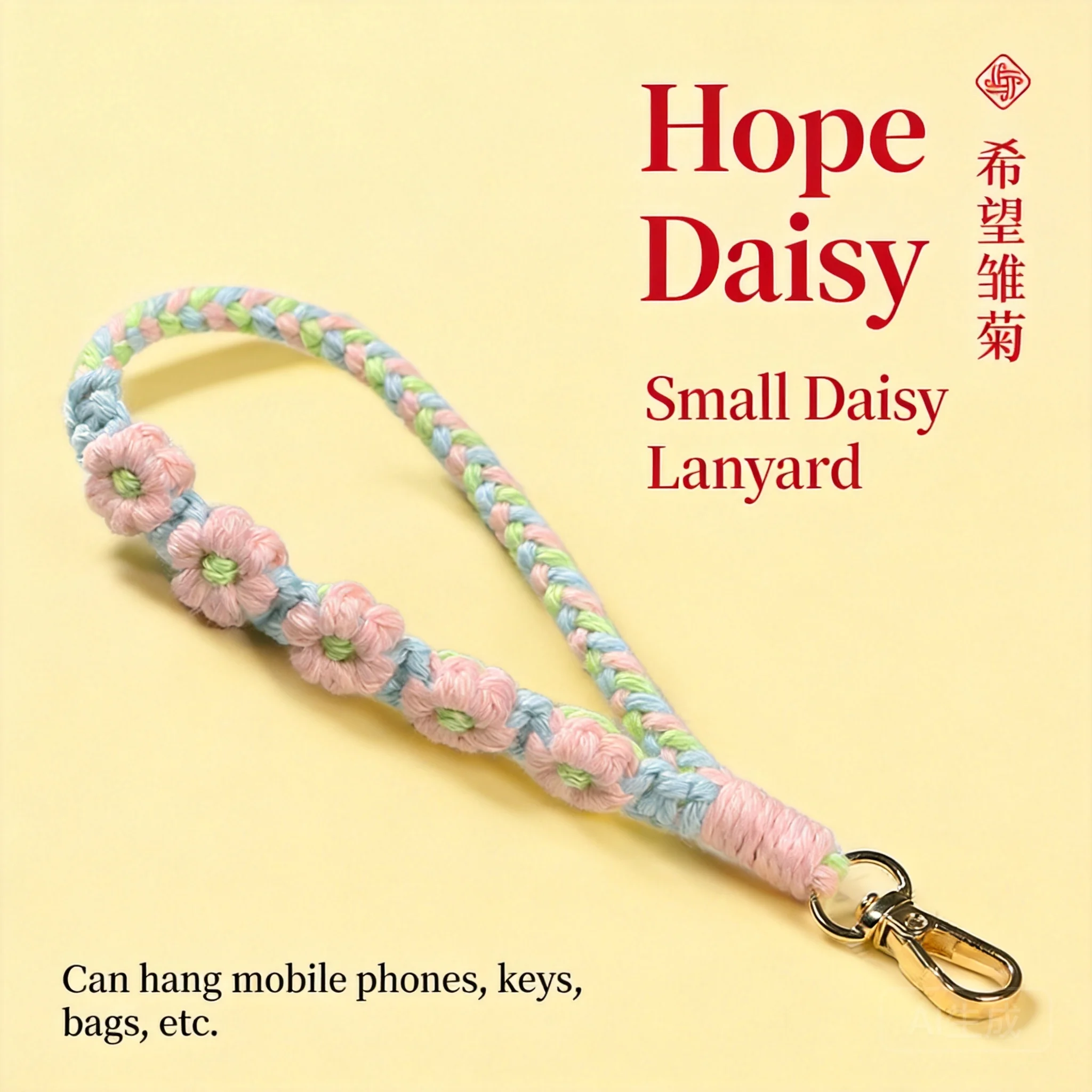 

Chinese Style Lucky Handmade Cotton Braided Daisy Flower Wrist Strap Good Fortune Blessing Keychain Bag Pendant Phone Hanging