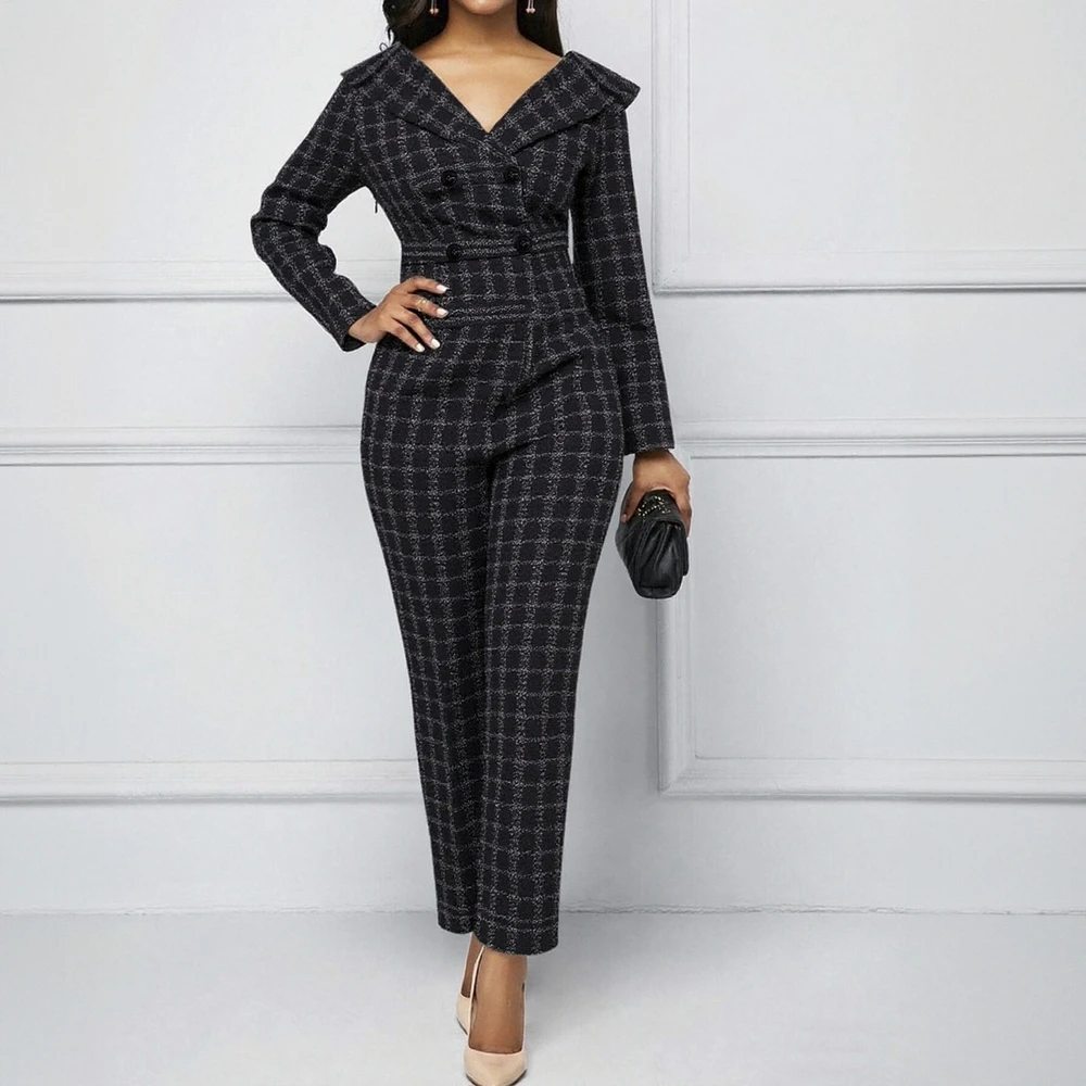 

Женские комбинезоны в клетку, стильные, элегантные, с отложным воротником и длинными рукавами, полная длина, осенне-зимняя мода для поездок на работу для женщин