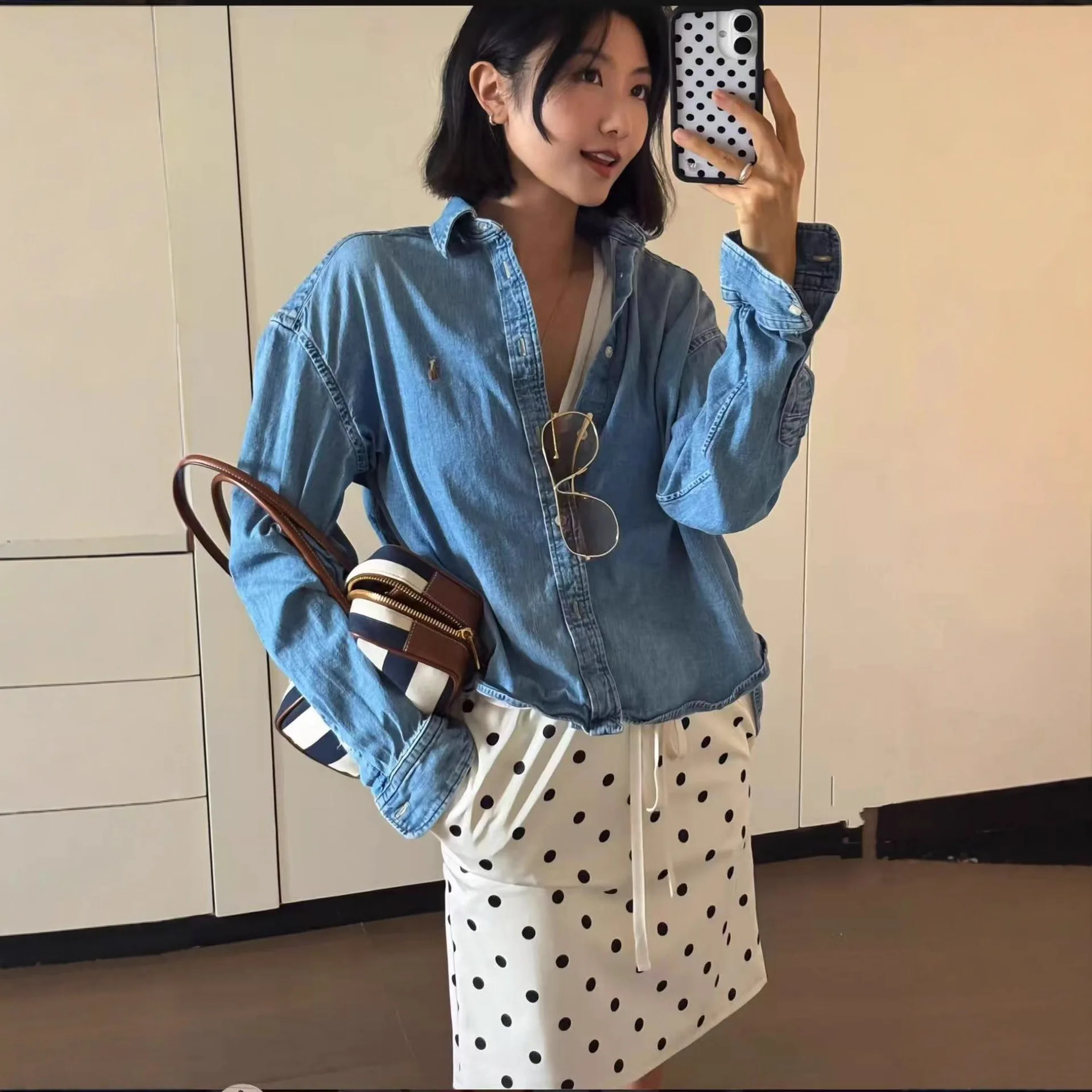 

Women's Loose Long Sve irt Classic Embroidery Collar Denim Casual Faion Autumn Winter New Sle Cotton Leather