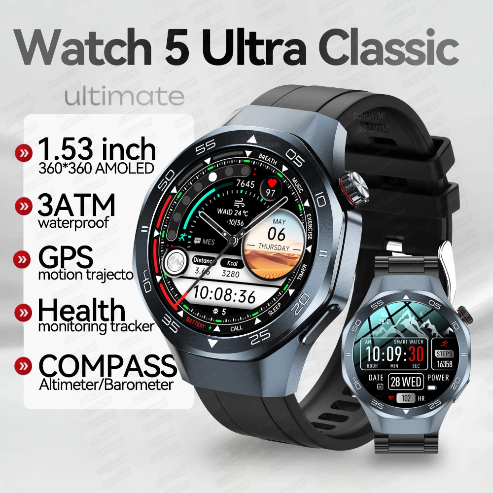 

2025Новые двухдиапазонные спутниковые GPS-смарт-часы для мужчин 1,53-дюймовый AMOLED-экран Компас Сердечный ритм BT Вызов 3ATM Водонепроницаемые часы для плавания