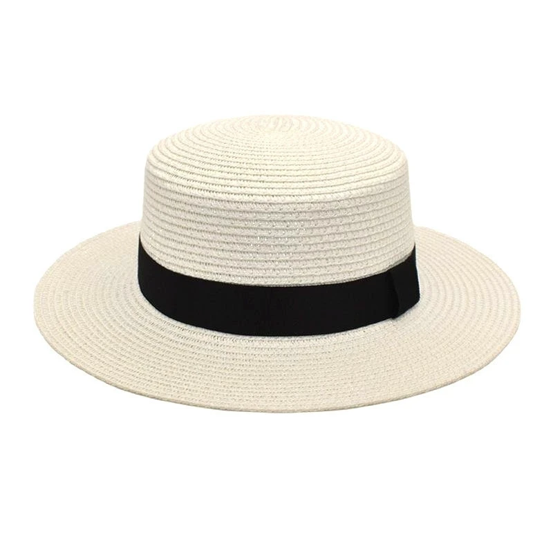 Sommer Sonnenschutz Strand Strohhut mit flacher Krempe Stroh gewebter Sonnenschutzhut Strandhut mit breiter Krempe – Detail 14