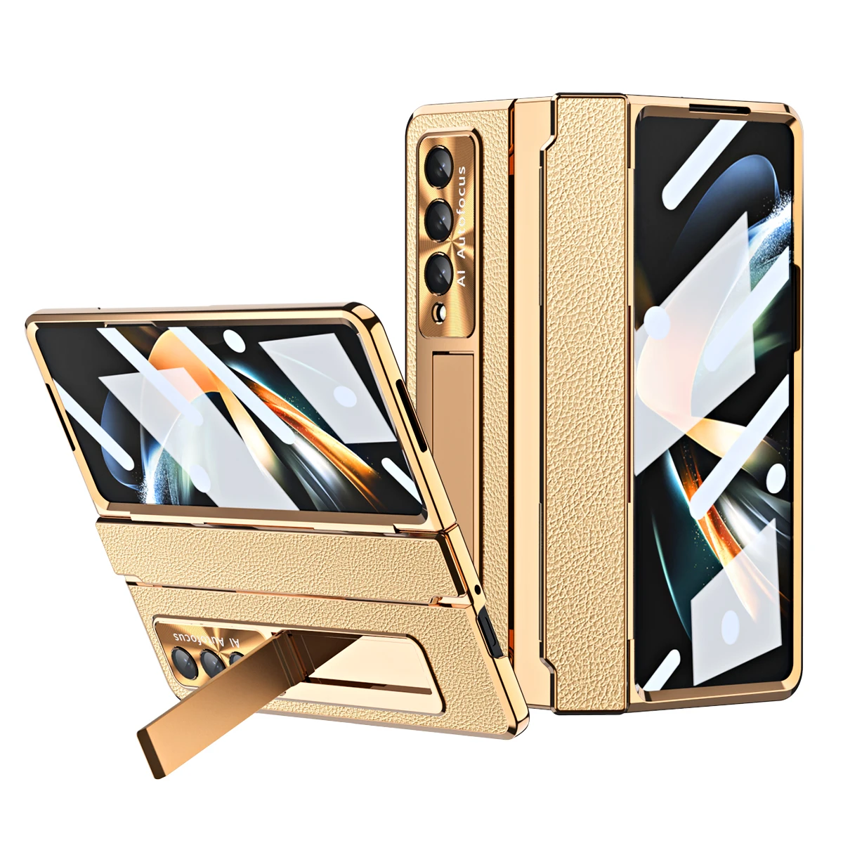 

Plating Kickstand Leather Case For Samsung Galaxy Z Fold 6 5 4 Magnetic Charging 360 Full Screen Protector Phone Cover Z Fold 3