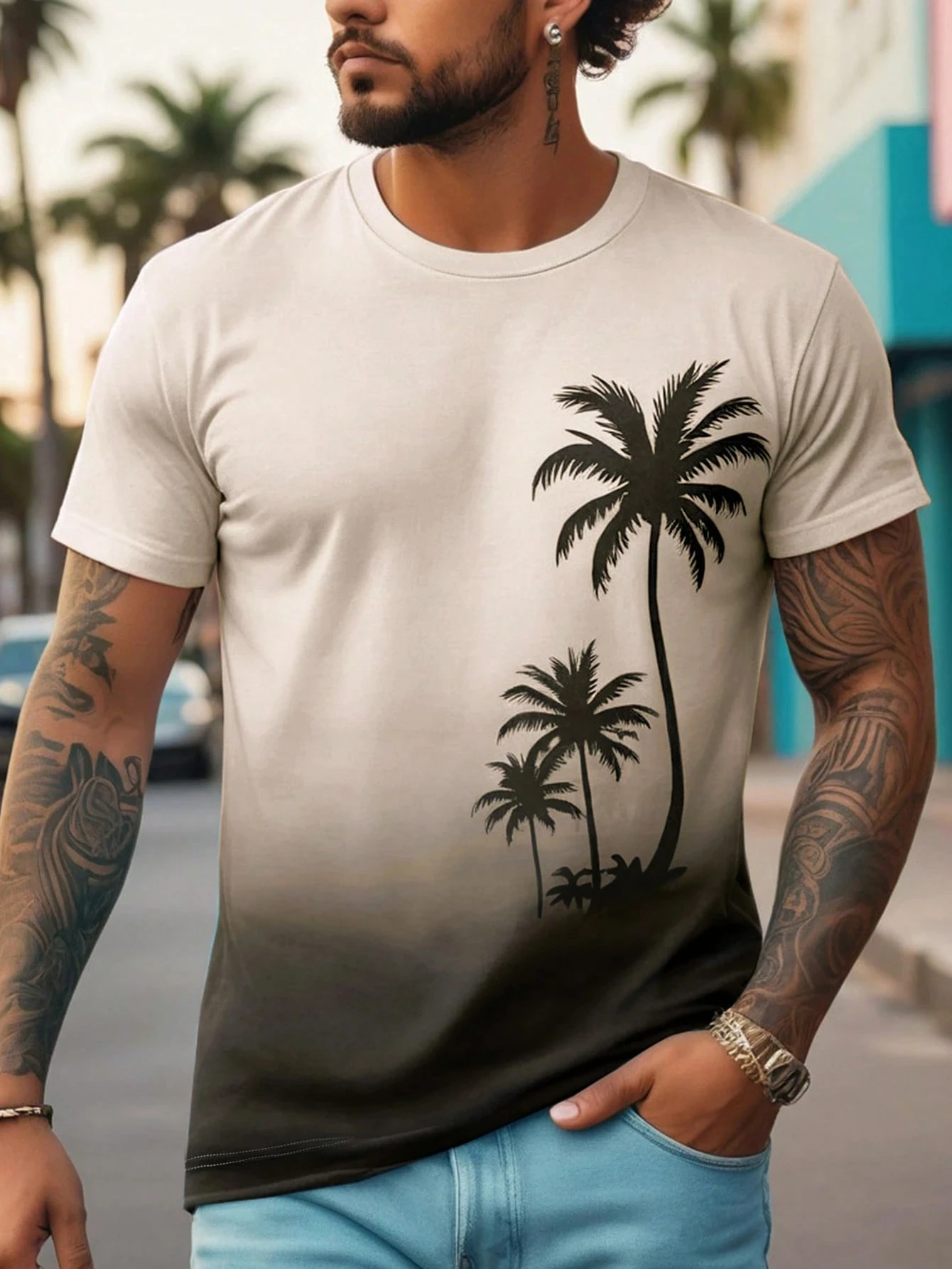 

Summer men's T-shirt loose top casual round neck short sleeve fashion 3D print gradient Hawaiian palm tree print T-shirt