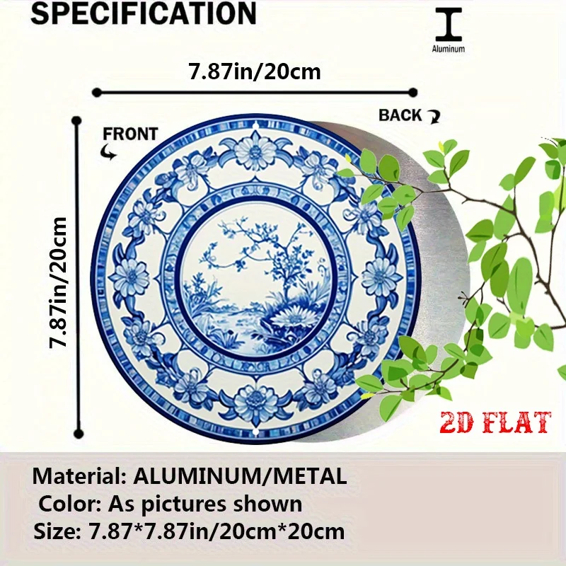 1pc Vintage Chinese Porcelain Plate Metal Poster - Blue and White Floral border, Asian-Inspired Botanical Wall Art Decor for Hom