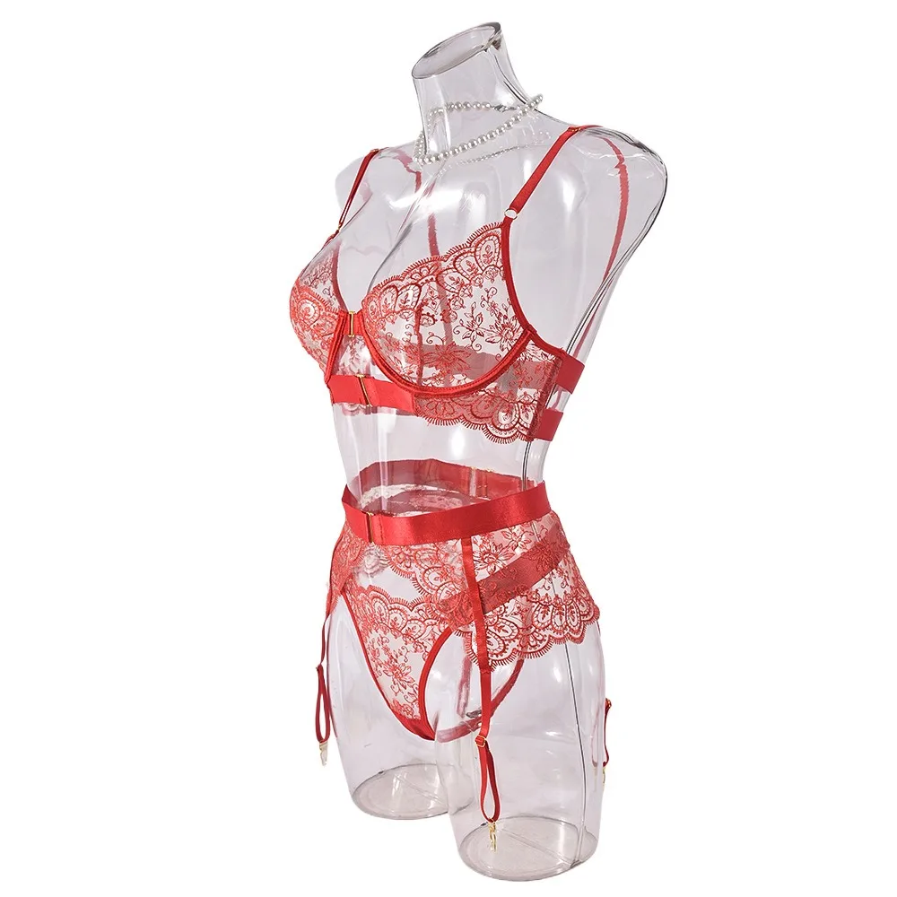 Sexy Sheer Mesh Translucent Bra Thongs Garter Belts 3 Piece Set Embroidered See Through Lingerie Outfit Erotic Nightwear