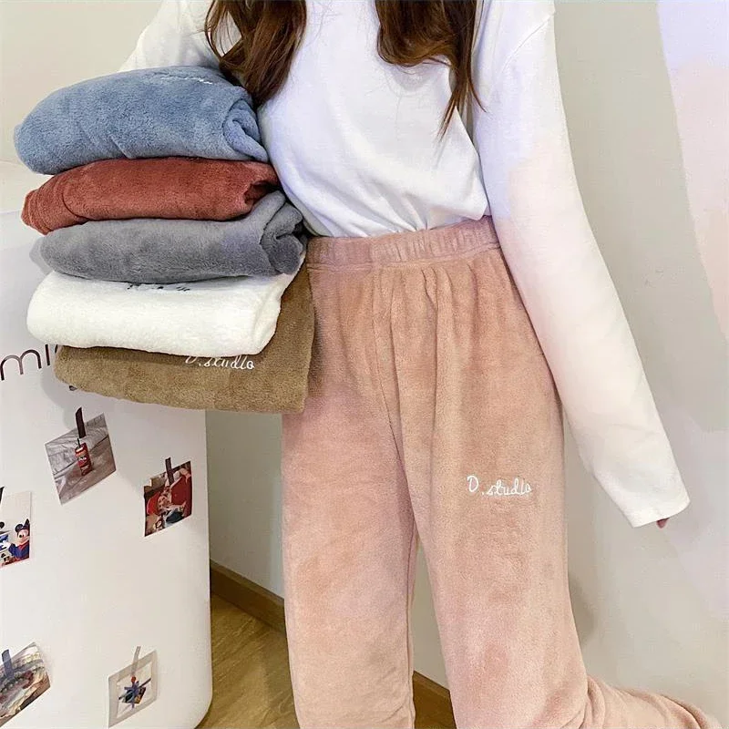 Women Warm 2 Piece Set Embroidered Pajamas Fall Velvet Fleece Thickened Tops+Loose Pants Casual Print Home Clothing Winter Suit