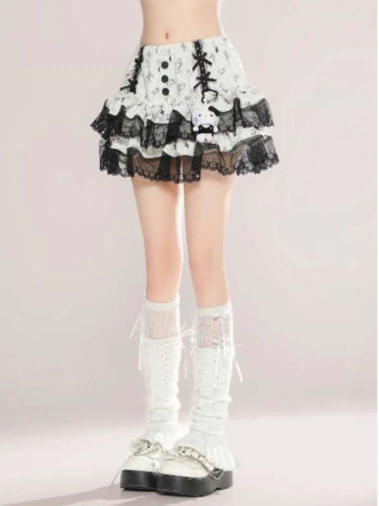 

Punk Lace Y2k Patchwork Black Cake Skirts Summer High Waist Bow Skirt for Women 2025 New Slim Fit Ruched Faldas Mujer