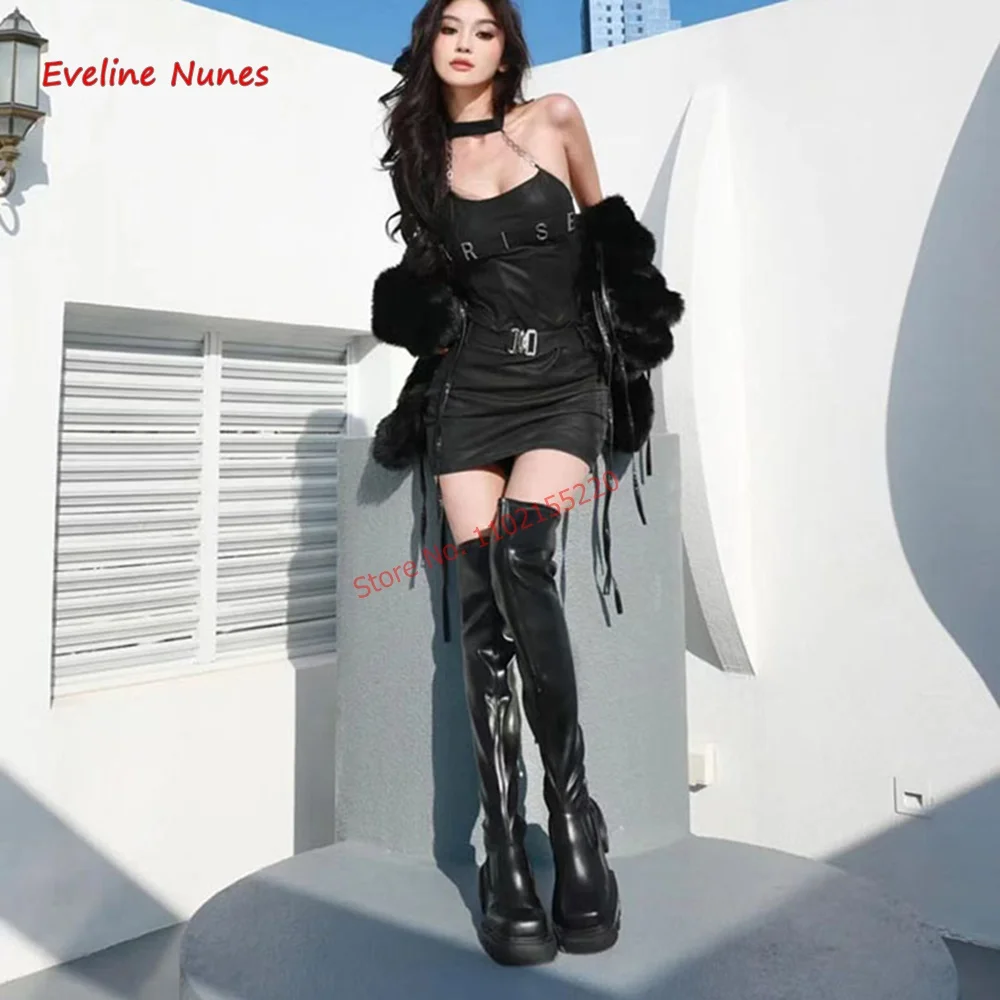 Black Elastic Skinny Boots 2024 New Arrival Women's Solid Square Toe Plarform Sexy Fashion Party Shoes For footwear