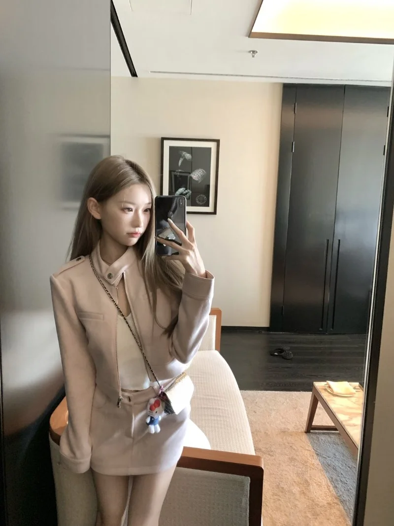 Korean Temperament Suede Jacket A-line Skirt Two-piece Set Women Stand Collar Solid Sweet Fashion Autumn Celebrity Chic Wear New